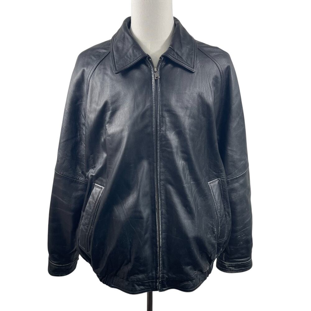 VTG 90s Bill Blass Black Leather Jacket Men XL Bomber Aviator Distressed Moto